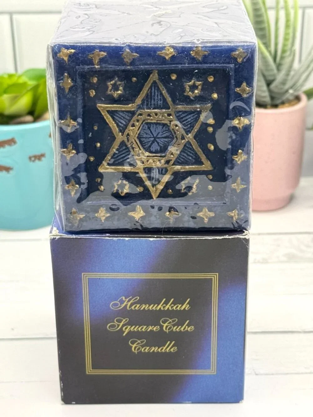 Hanukkah Square Cube Candle With Star Of David & Menorah Design